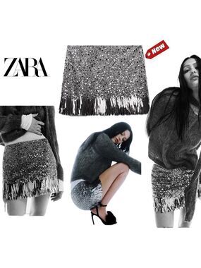 Zara metallic silver sequin mini skirt Sz L NWT